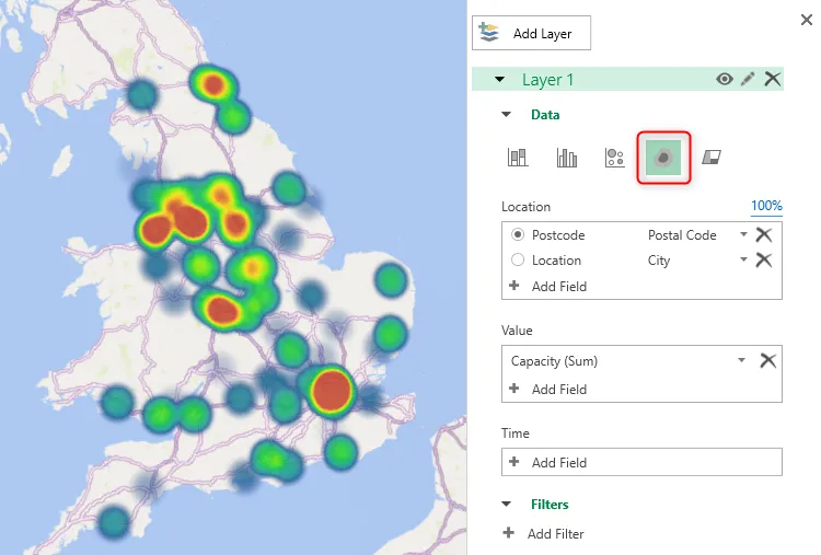 Bản đồ 3D các sân vận động bóng đá ở Vương quốc Anh trong Excel được hiển thị dưới dạng bản đồ nhiệt.