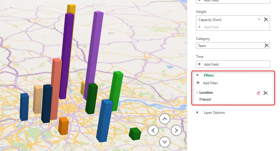 Bản đồ 3D trong Excel được lọc để chỉ hiển thị các sân vận động trong khu vực London.