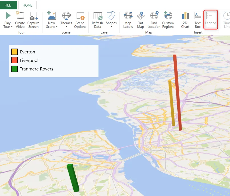Bản đồ 3D trong Excel hiển thị các sân vận động bóng đá ở Merseyside, Vương quốc Anh, kèm theo chú giải chi tiết tên các đội.