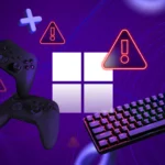 Biểu tượng Windows với các cảnh báo, bao quanh bởi tay cầm chơi game và bàn phím, minh họa vấn đề của Windows với game thủ
