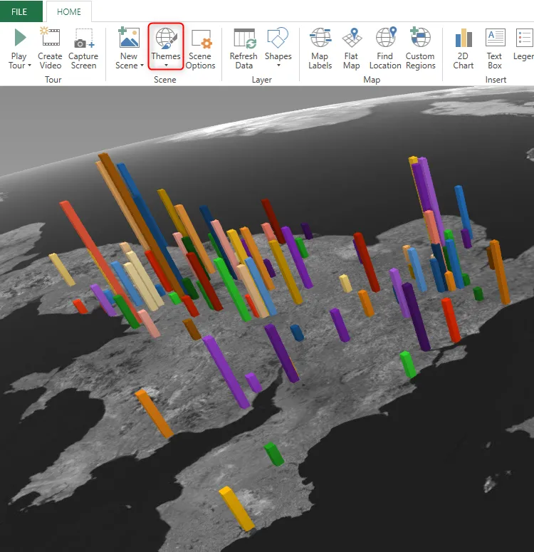 Chủ đề bản đồ 3D Aerial Dark được chọn trong Microsoft Excel.