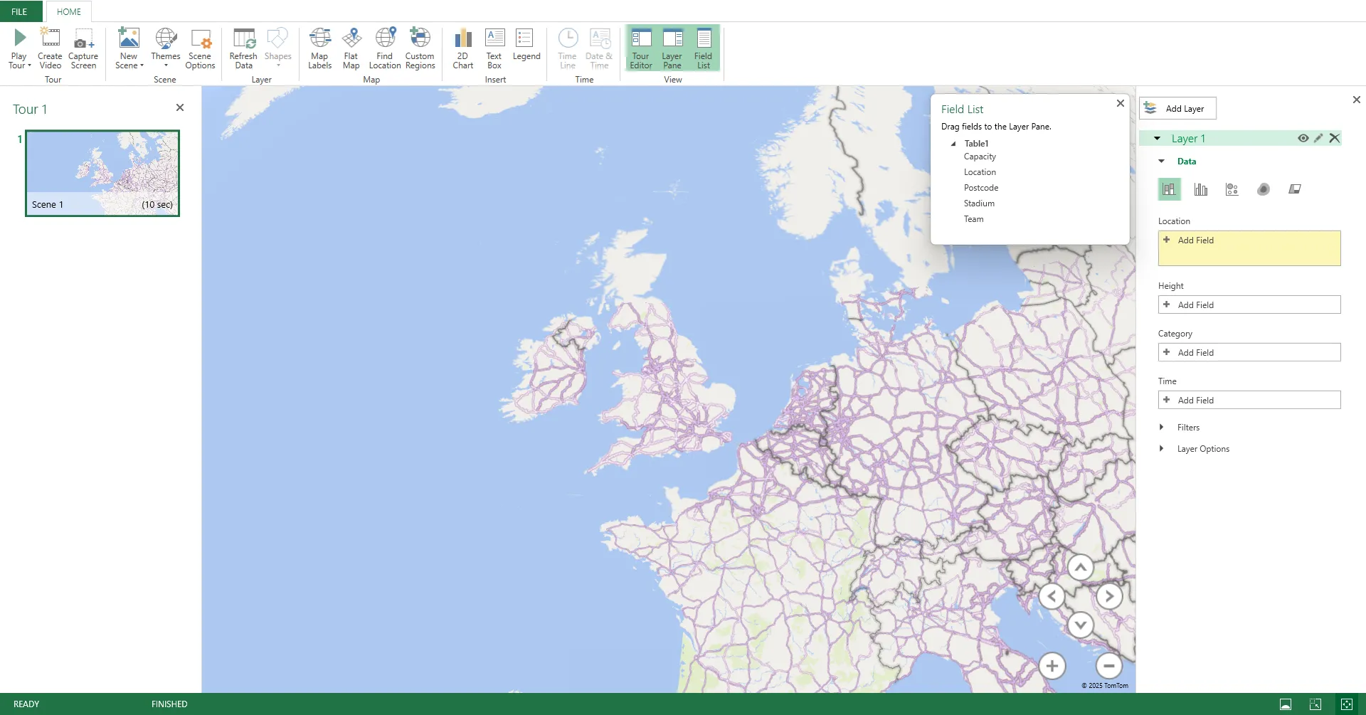 Cửa sổ 3D Map của Microsoft Excel khi chưa có dữ liệu trong ngăn Layer.