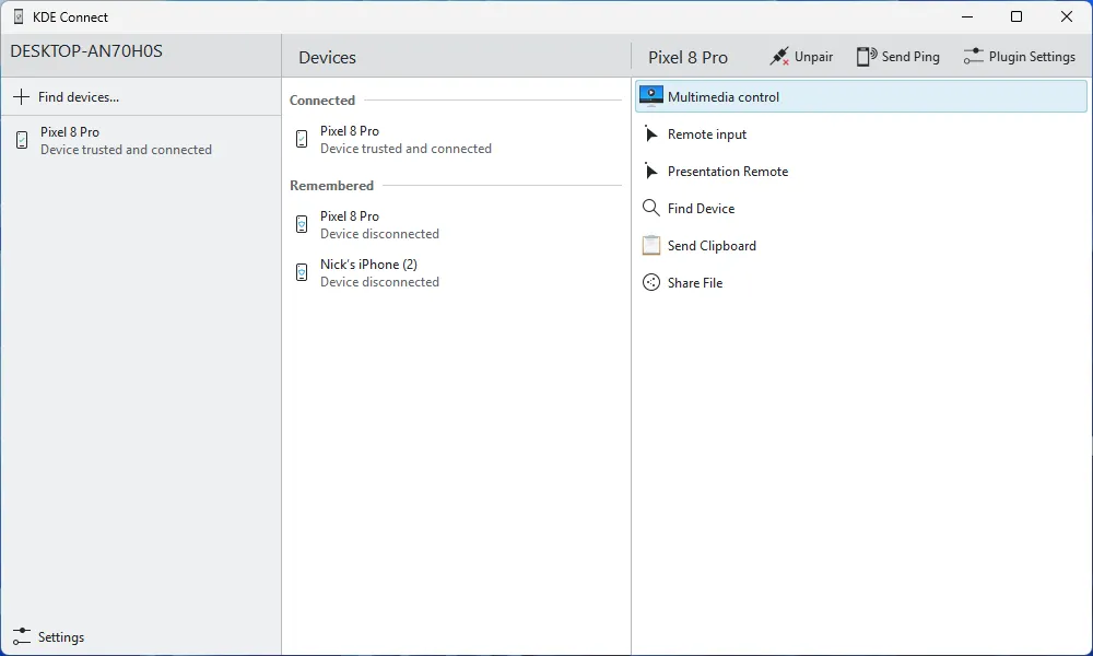 Cửa sổ chính của ứng dụng KDE Connect.