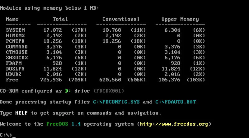 Dấu nhắc lệnh FreeDOS tại console.