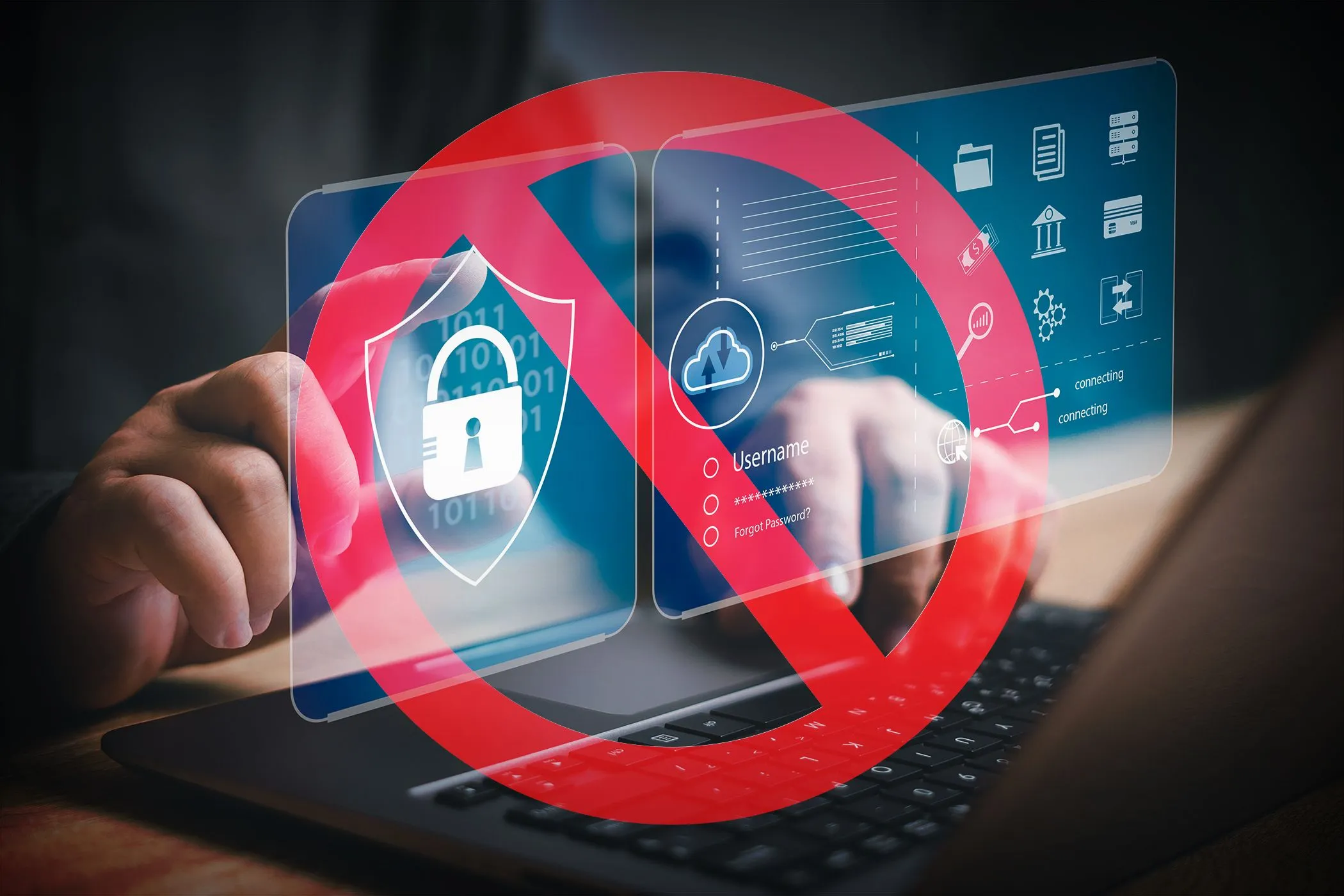 Đôi bàn tay đang gõ trên laptop với biểu tượng biển cấm che các icon bảo mật, thể hiện sự cần thiết của tự host để bảo vệ dữ liệu cá nhân.