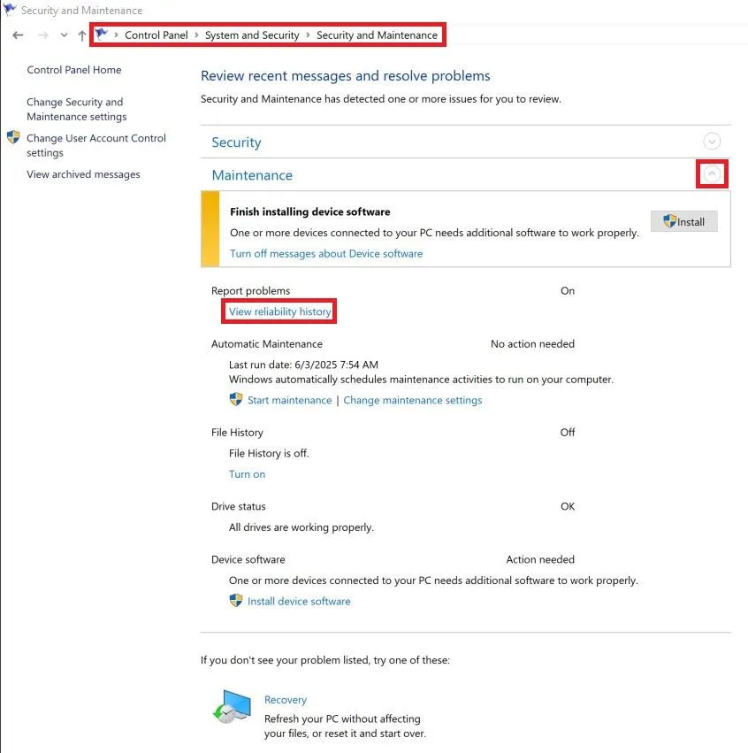 Đường dẫn trong Control Panel dẫn đến tùy chọn Lịch sử Độ Tin Cậy Windows.