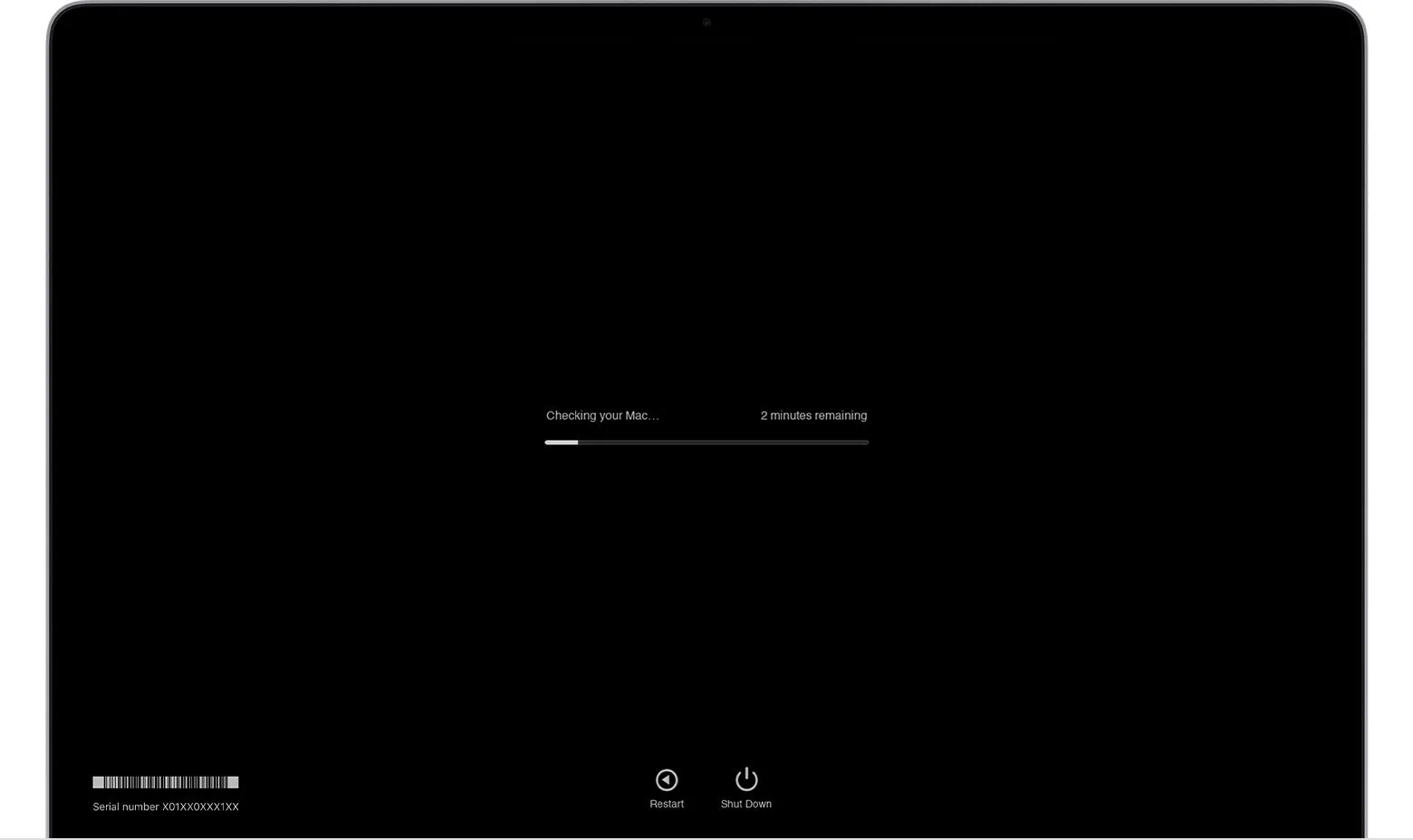 Giao diện công cụ Apple Diagnostics đang chạy trên macOS, hiển thị kết quả kiểm tra phần cứng của máy Mac.