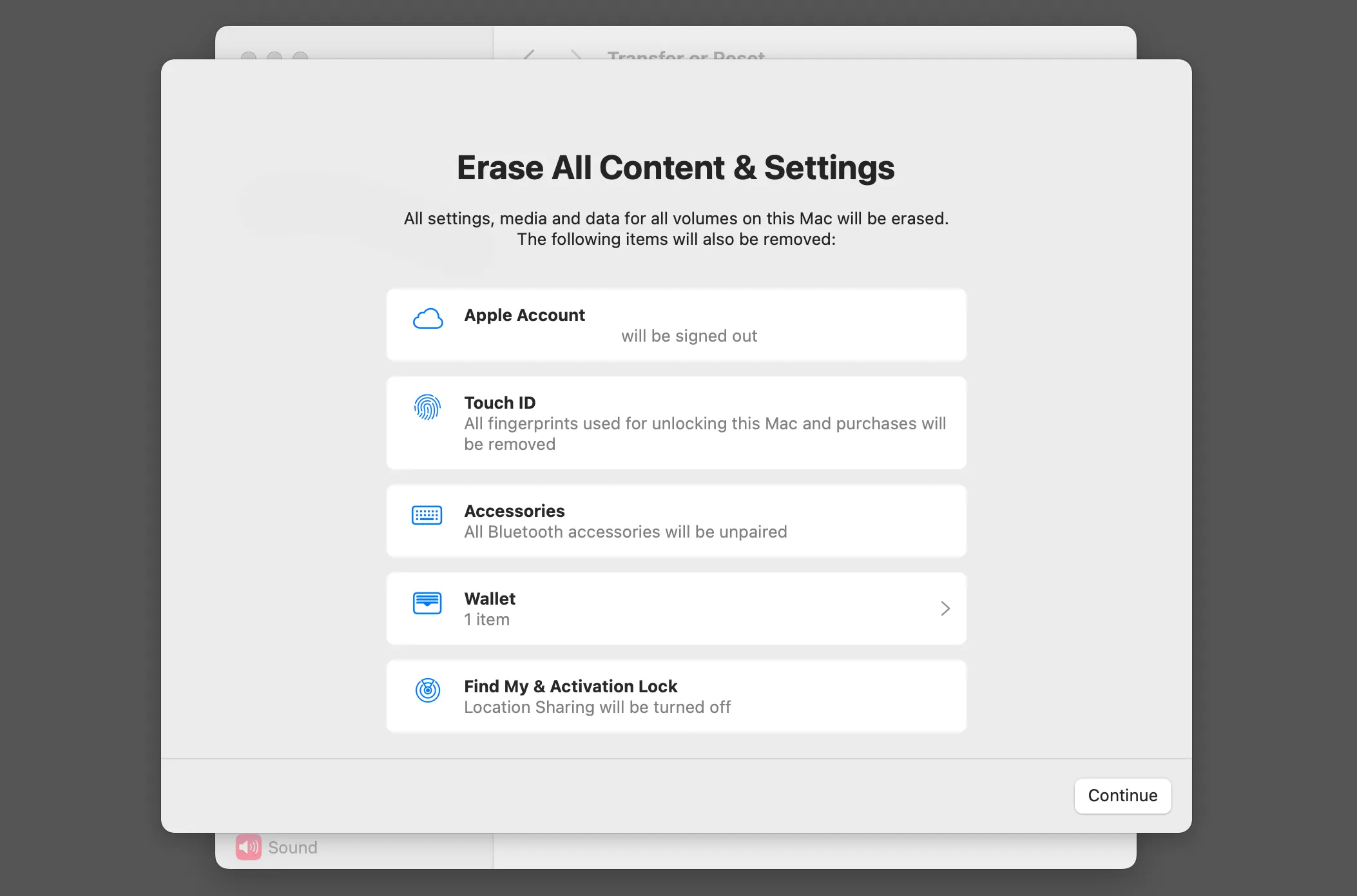 Giao diện Erase Assistant (Trợ lý Xóa) trong cài đặt hệ thống macOS, hướng dẫn người dùng xóa toàn bộ nội dung và cài đặt.