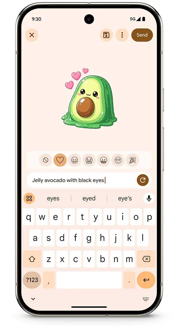Giao diện Pixel Studio trong Gboard trên Pixel 9 Pro, cho phép tạo sticker tùy chỉnh bằng AI