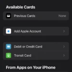 Giao diện thêm thẻ vào Ví Apple trên iPhone, hiển thị các tùy chọn như thẻ tín dụng, thẻ ghi nợ, thẻ đi lại.