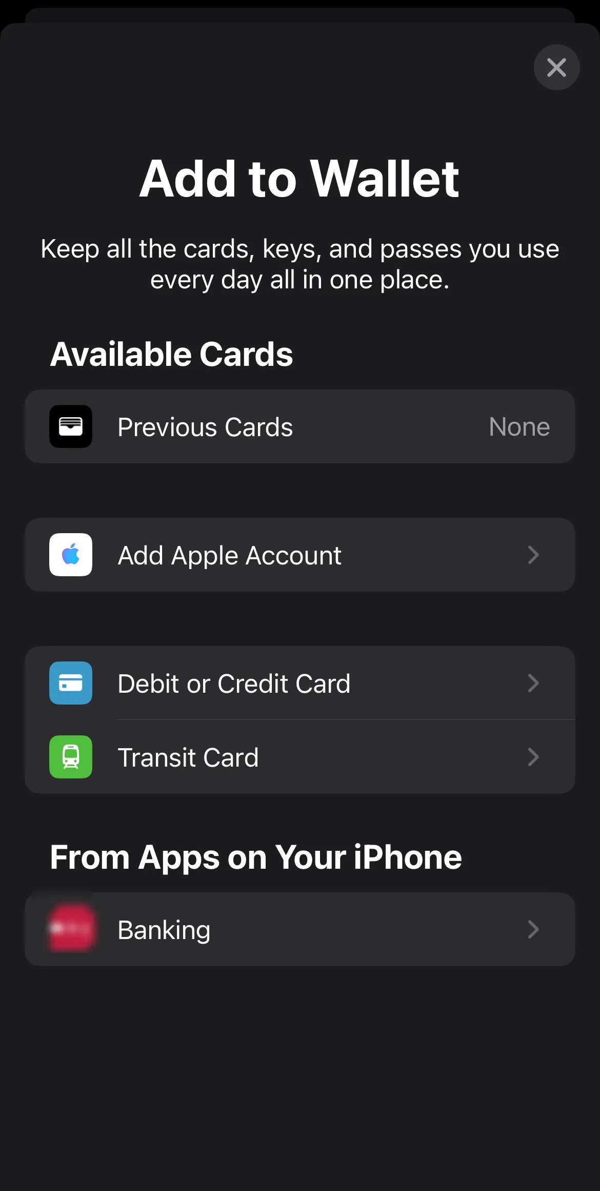 Giao diện thêm thẻ vào Ví Apple trên iPhone, hiển thị các tùy chọn như thẻ tín dụng, thẻ ghi nợ, thẻ đi lại.