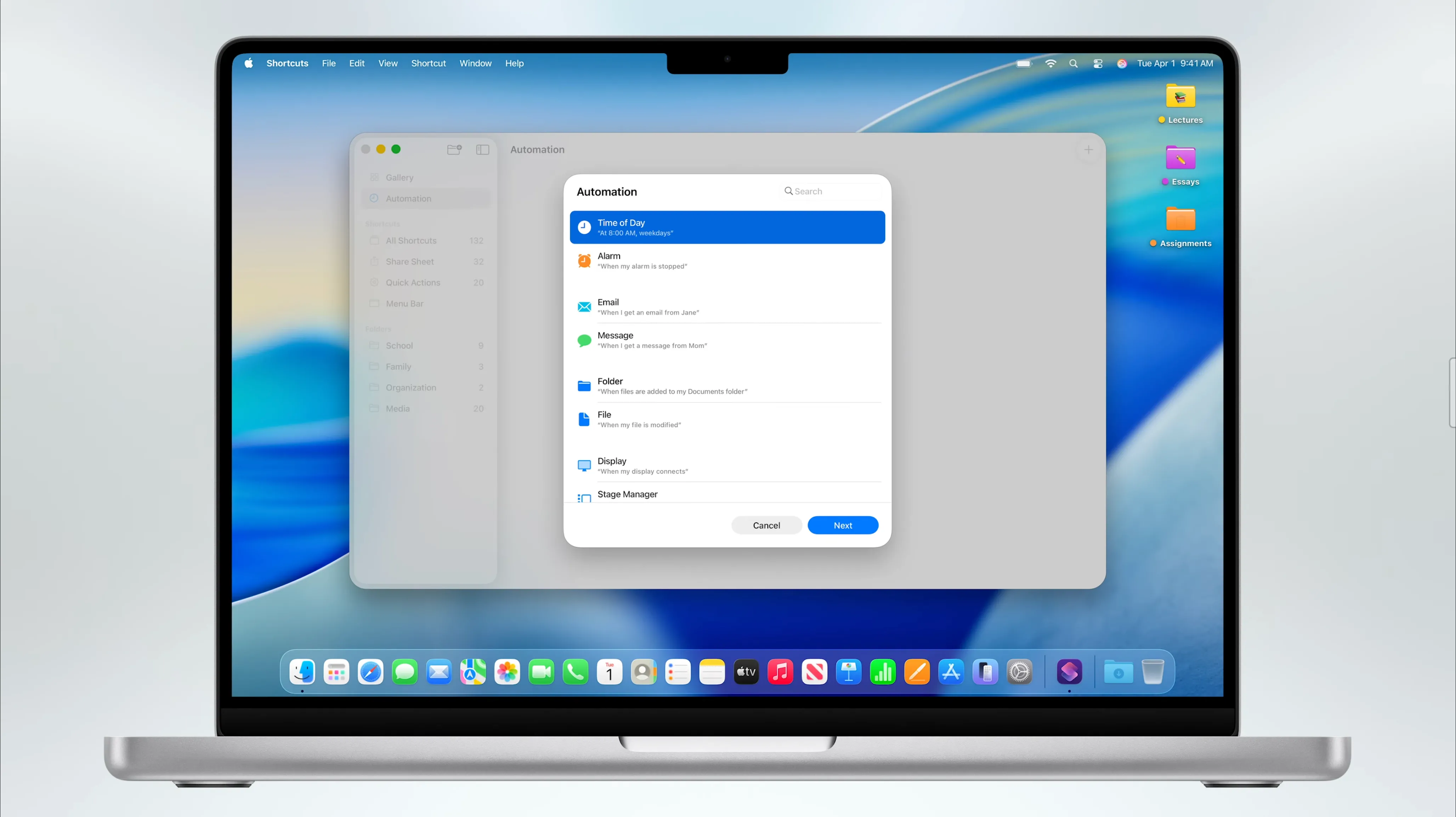 Giao diện thiết lập các bộ kích hoạt tự động hóa (Automation Triggers) mới trong ứng dụng Phím tắt (Shortcuts) trên macOS 26 Tahoe