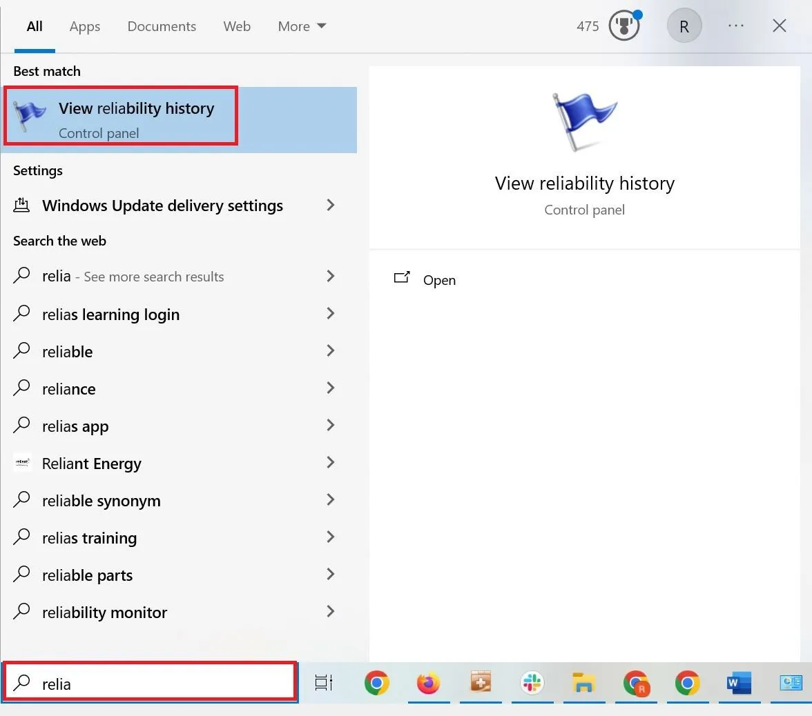 Giao diện tìm kiếm Windows Start hiển thị tùy chọn "Xem lịch sử độ tin cậy".