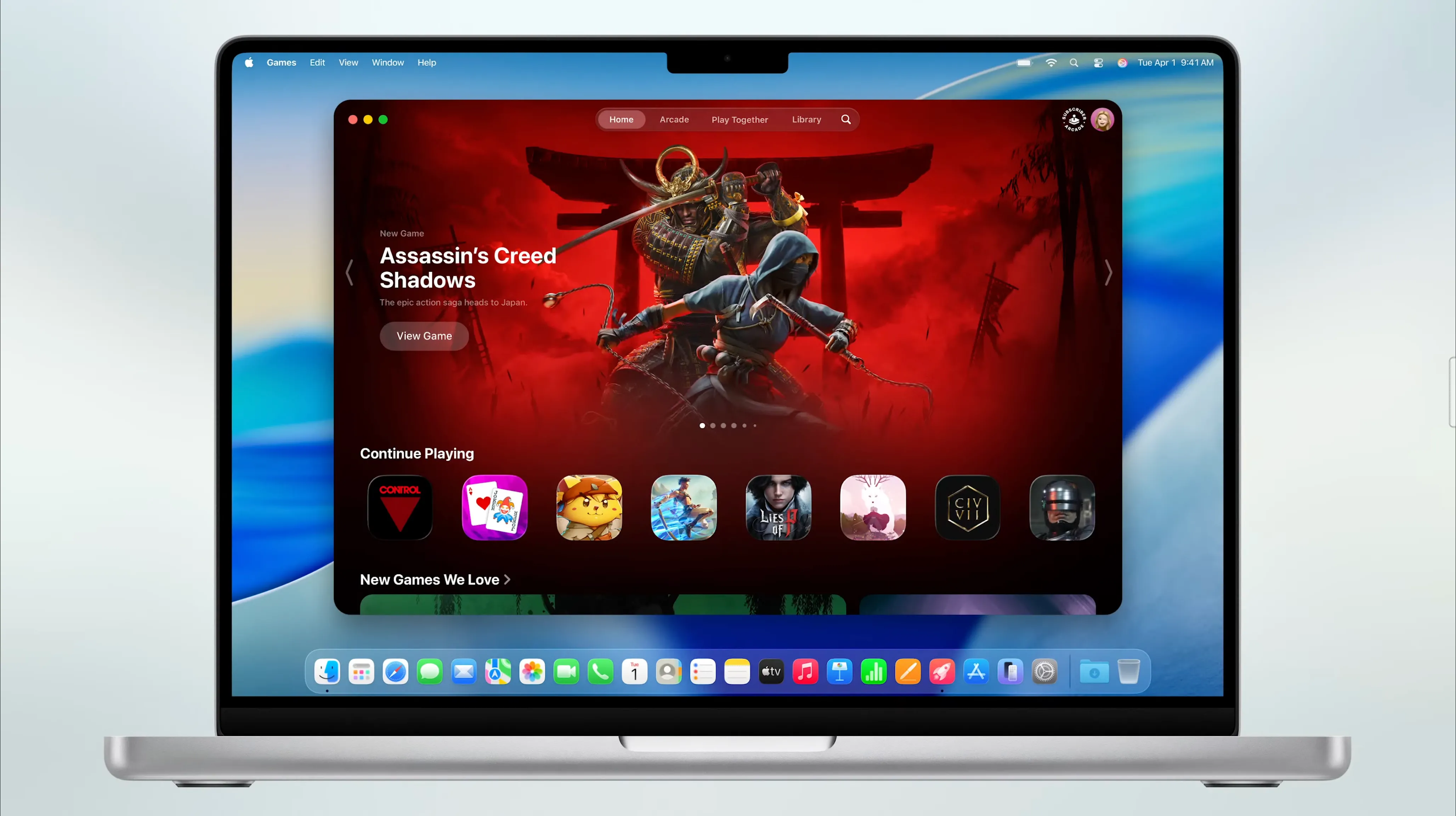 Giao diện ứng dụng Trò chơi (Games app) mới trên macOS 26 Tahoe, tập trung quản lý game