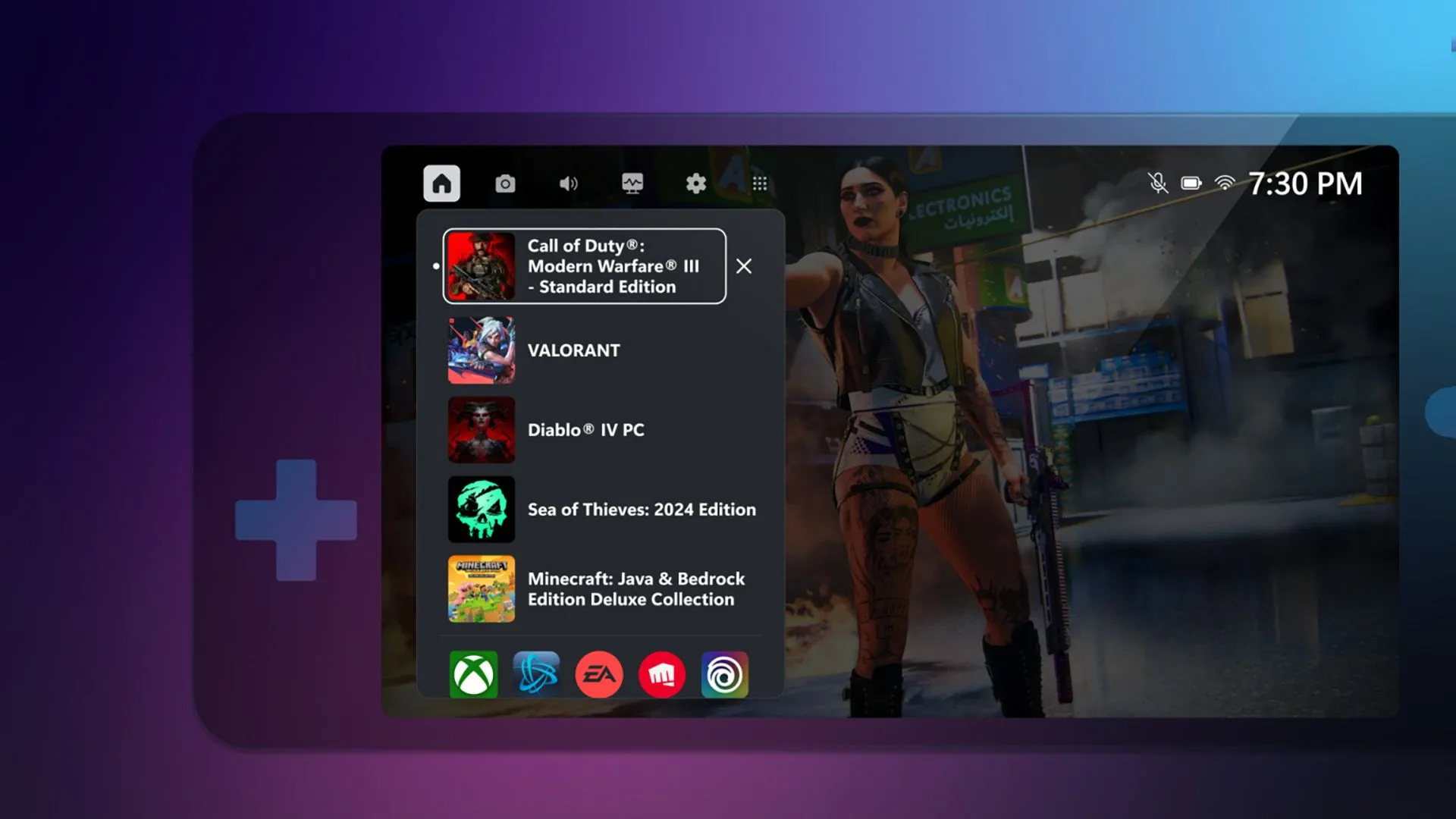 Giao diện Xbox Game Bar trên Windows cho handheld PC