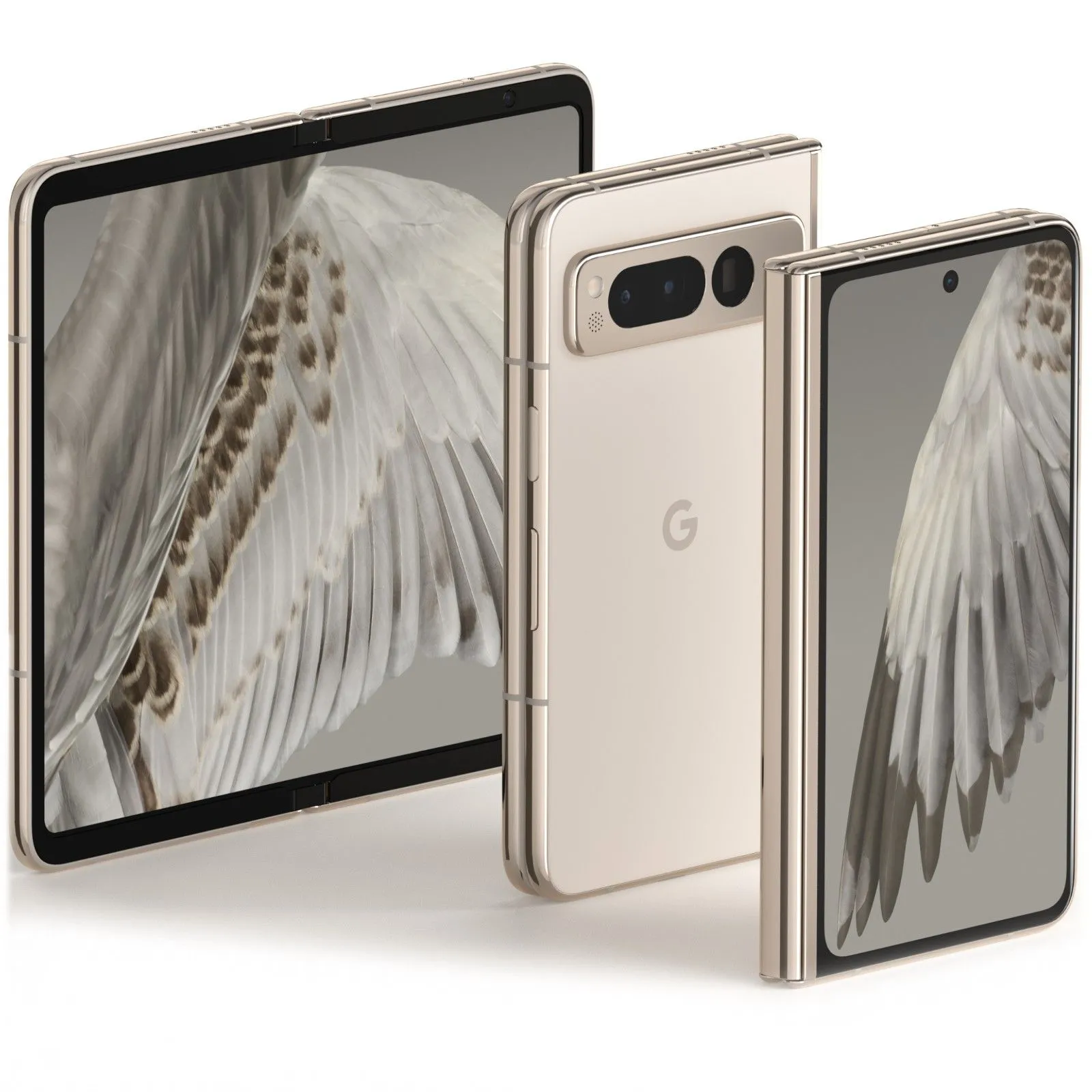Góc nhìn nghiêng của điện thoại Google Pixel Fold màu sứ (Porcelain)