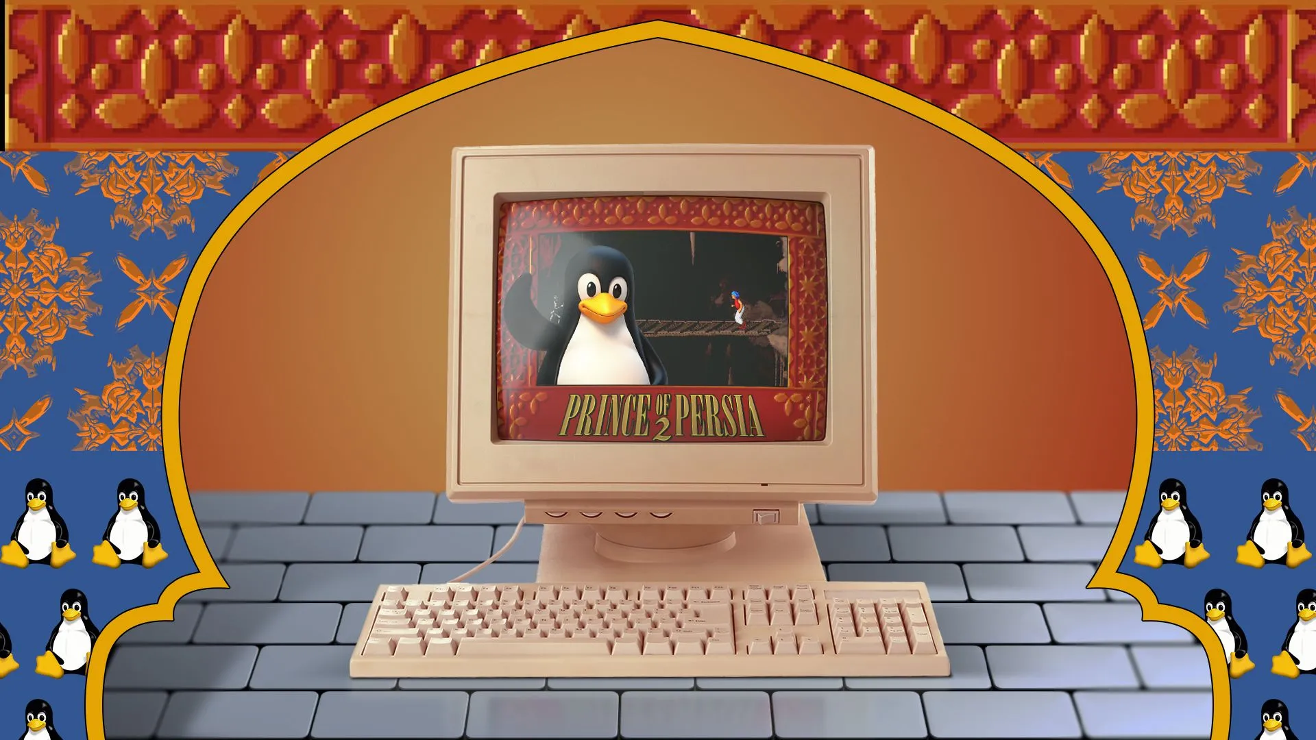 Hình ảnh máy tính cũ chạy Prince of Persia 2 với linh vật Linux trên màn hình.