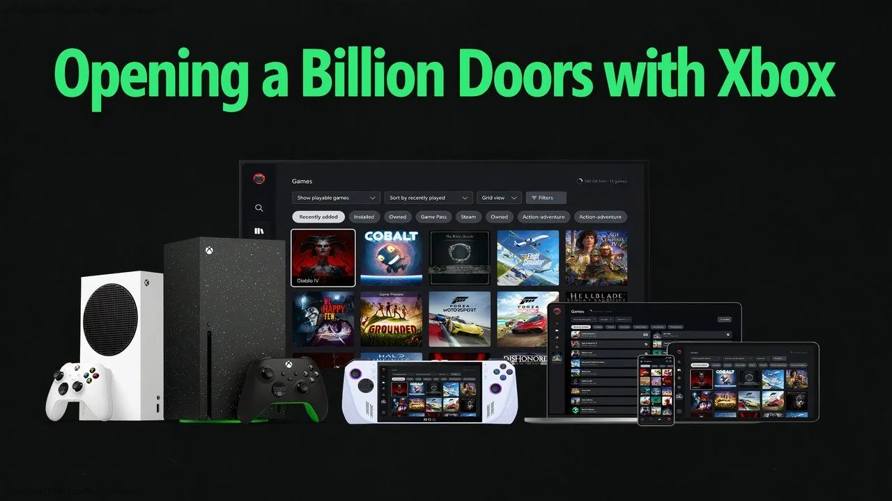 Hình ảnh minh họa tầm nhìn 'Mọi thứ đều là Xbox' của Microsoft, thể hiện khả năng chơi game Xbox trên nhiều thiết bị