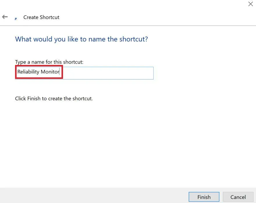Hộp thoại Tạo Shortcut hiển thị nơi đặt tên cho shortcut mới.