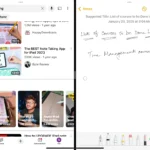 iPad hiển thị đa nhiệm Split View với ứng dụng YouTube và Ghi chú chạy song song