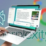 Laptop hiển thị giao diện Perplexity AI, phía sau là các logo Google mờ