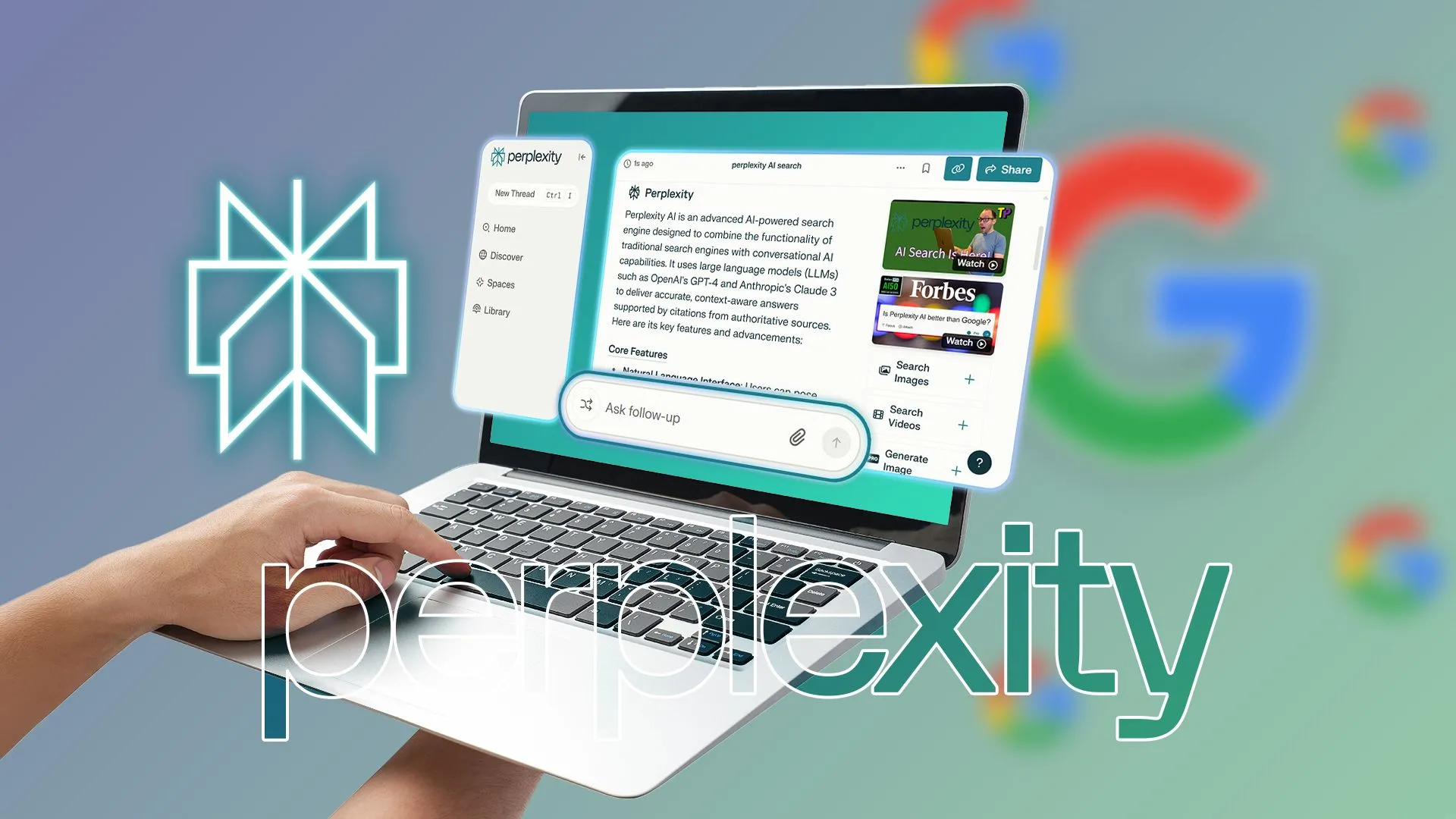 Laptop hiển thị giao diện Perplexity AI, phía sau là các logo Google mờ