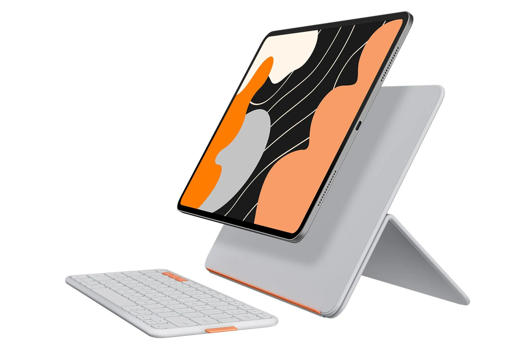 Logitech Flip Folio: Bàn phím và chân đế tháo rời đặt cạnh iPad Air 13 inch màu xám nhạt