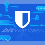 Logo Bitwarden kết nối với mật khẩu, ổ khóa và chìa khóa.