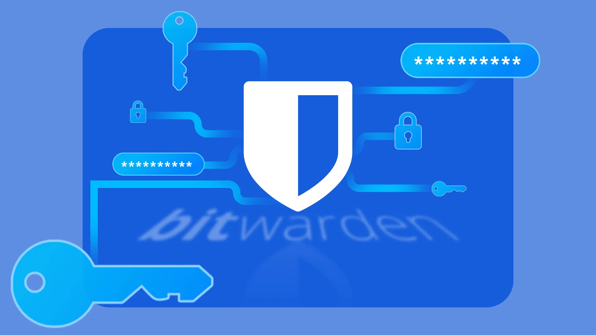 Logo Bitwarden kết nối với mật khẩu, ổ khóa và chìa khóa.