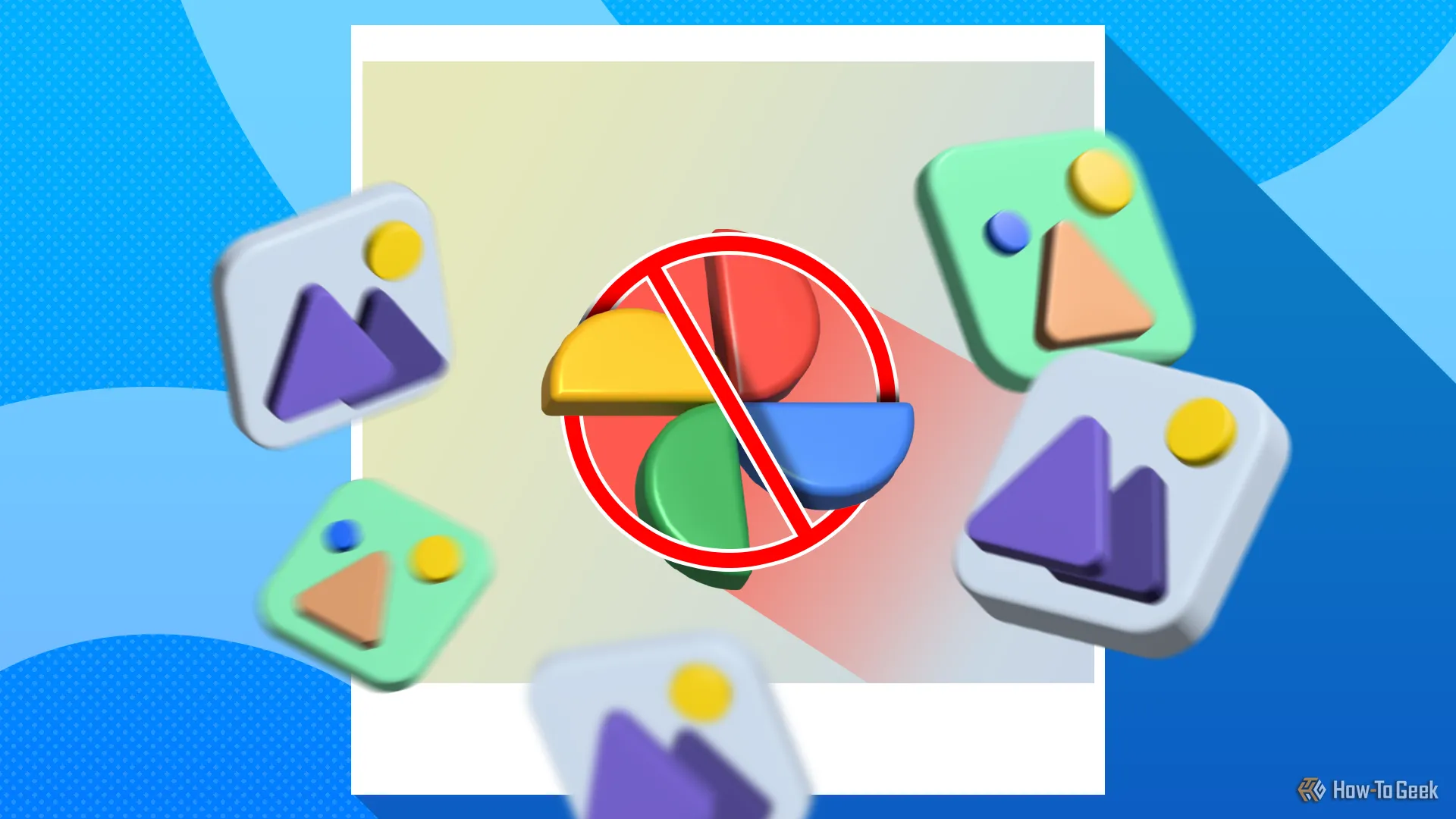 Logo Google Photos bị gạch chéo với các ảnh thu nhỏ xung quanh, biểu thị Immich như một giải pháp thay thế ảnh tự host