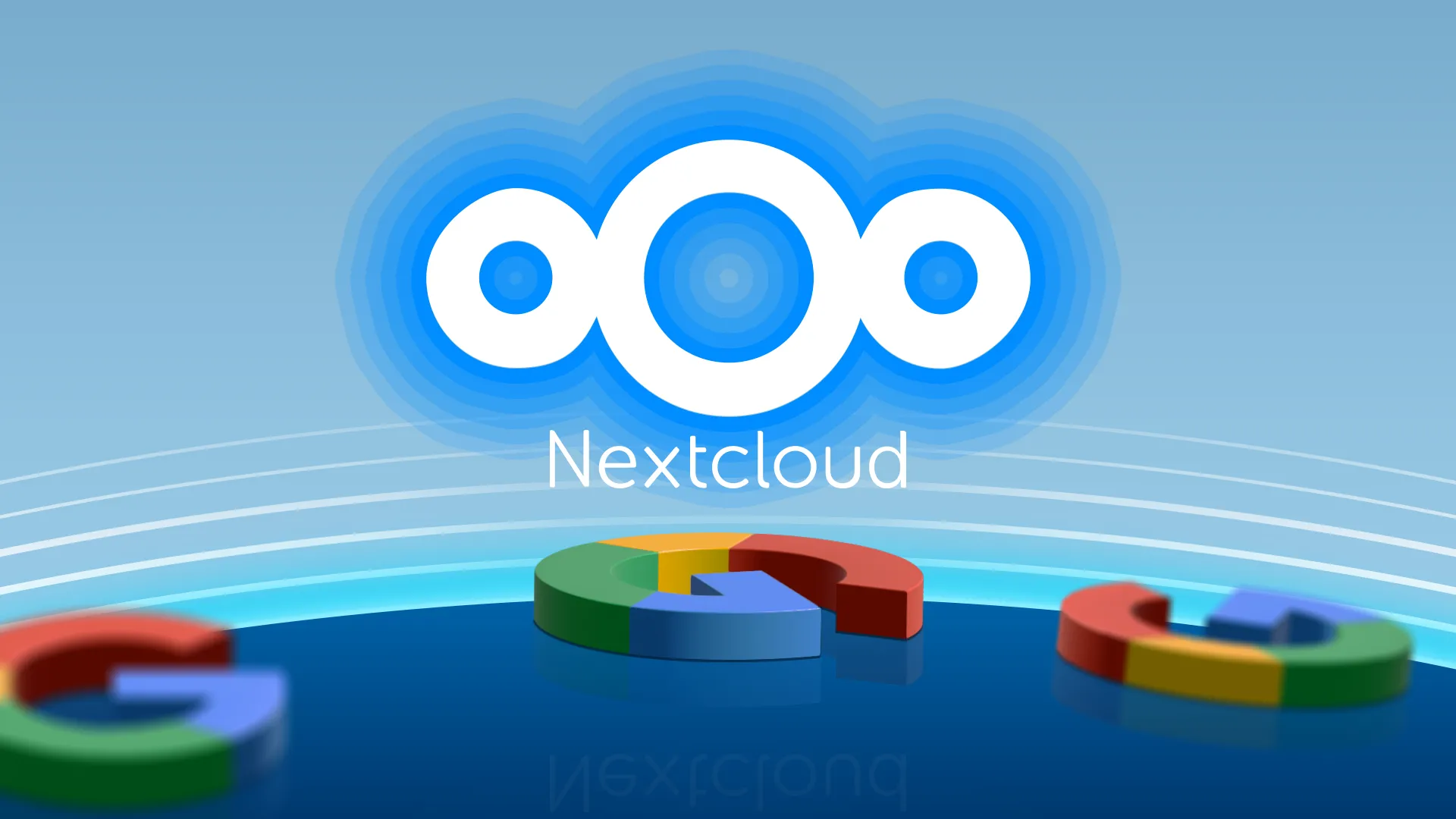 Logo Nextcloud và một vài logo Google nằm rải rác trên sàn, minh họa Nextcloud là giải pháp thay thế lưu trữ đám mây truyền thống