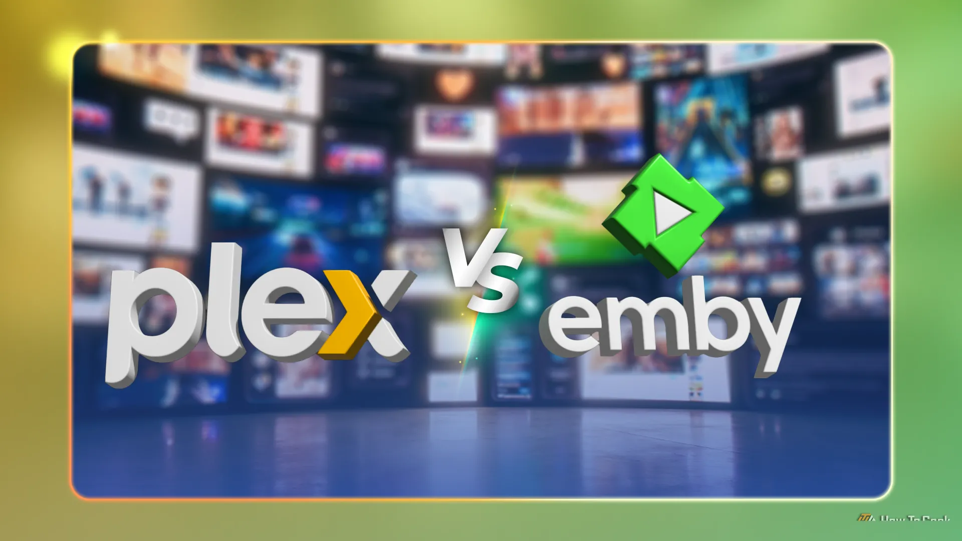 Logo Plex và Emby đặt cạnh nhau với chữ 'VS' ở giữa, so sánh hai nền tảng máy chủ media tự host phổ biến