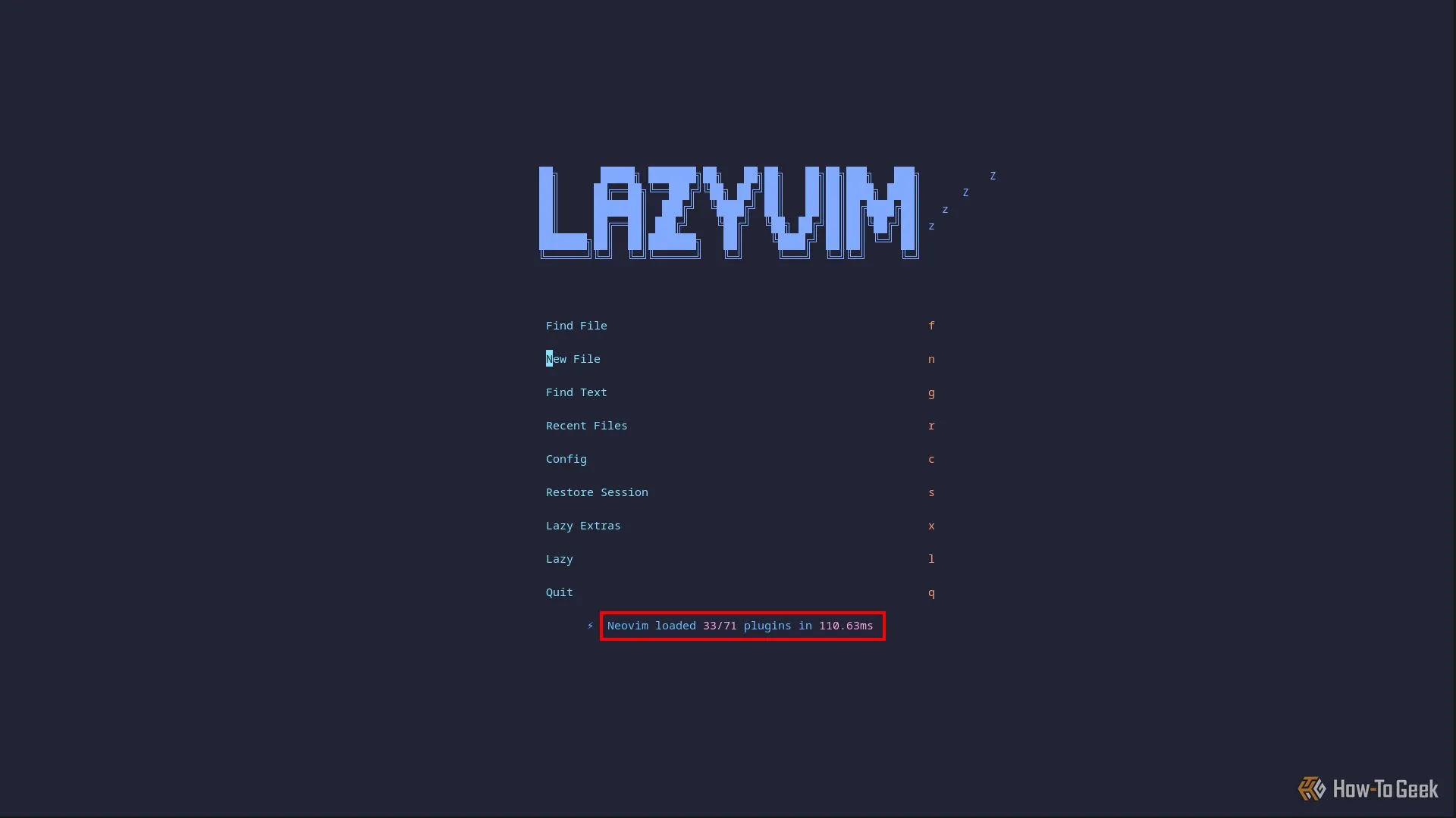 Màn hình chính của LazyVim trong Neovim, minh họa tốc độ khởi động nhanh chóng với thời gian tải 110ms.