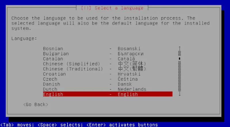 Màn hình chọn ngôn ngữ cài đặt Debian GNU/Hurd.