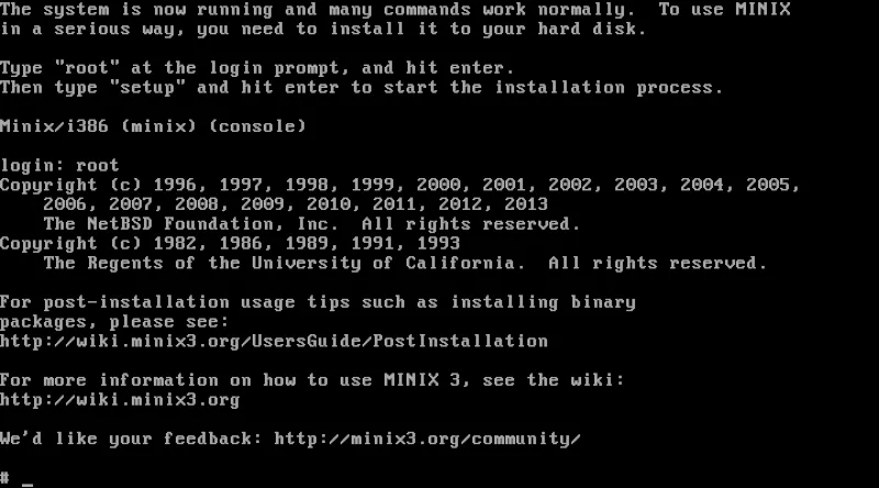 Màn hình console của hệ điều hành Minix.