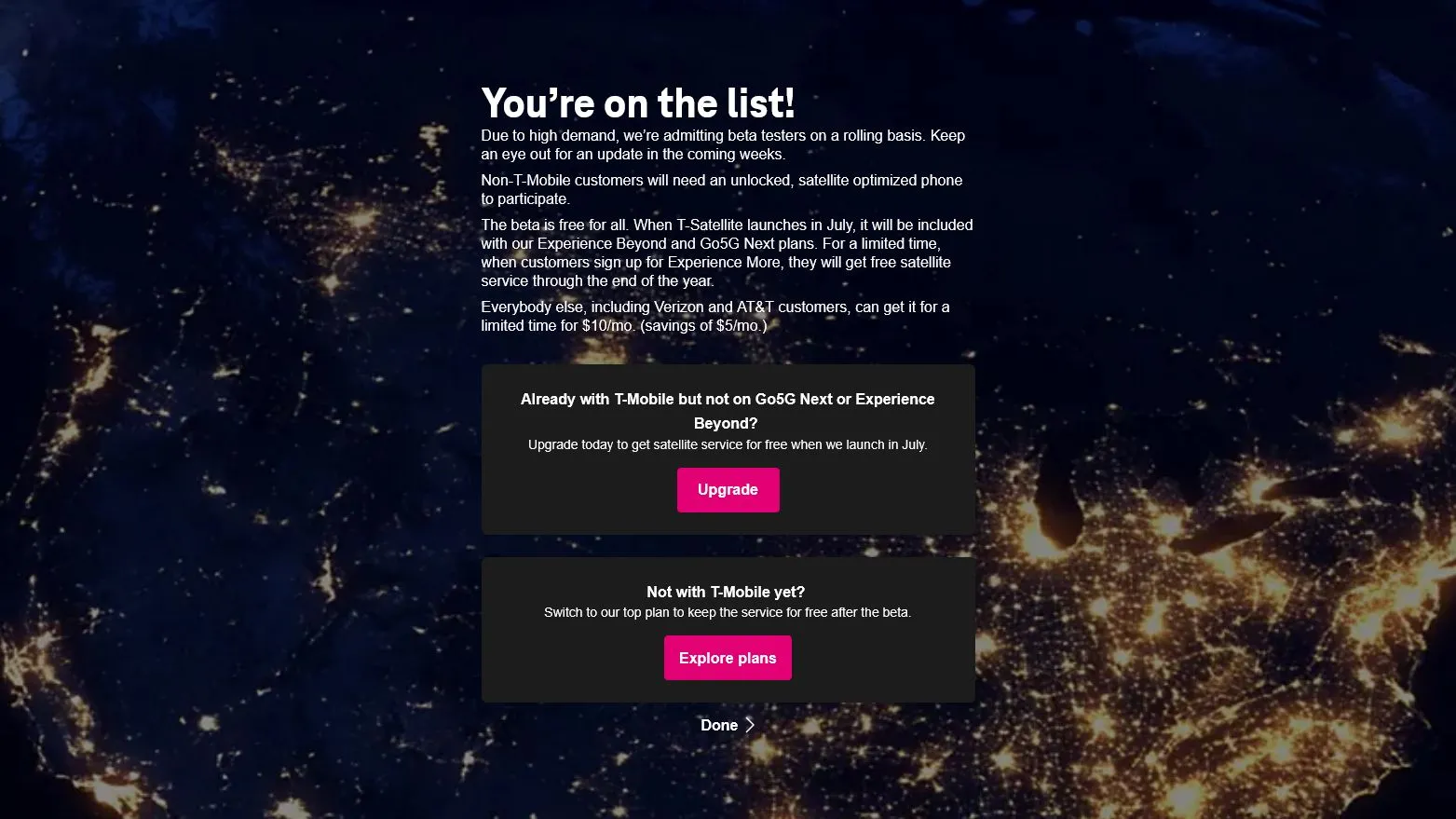 Màn hình xác nhận đăng ký tham gia chương trình beta T-Satellite của T-Mobile thành công.