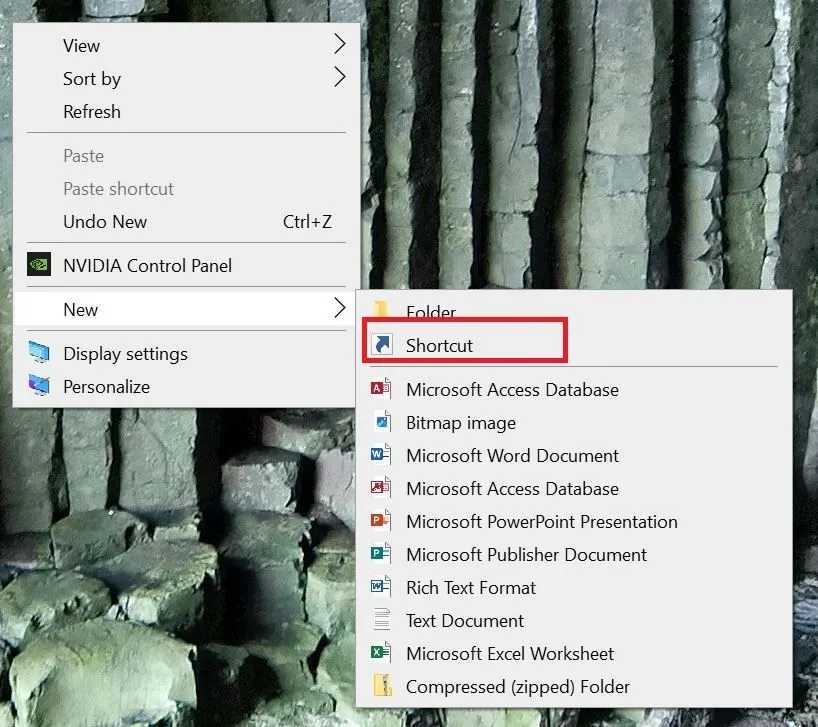 Menu chuột phải trên desktop Windows với tùy chọn Tạo mới &gt; Shortcut.