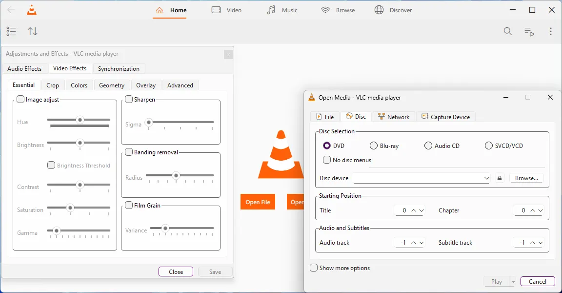 Menu Tùy chọn Mở Media và Hiệu ứng Video trong VLC 4.0.