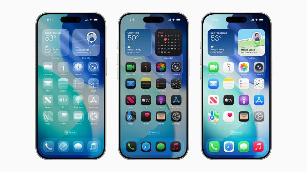 Mô tả giao diện "Liquid Glass" mới trên iOS 26 với hiệu ứng kính mờ và các yếu tố skeuomorphic.