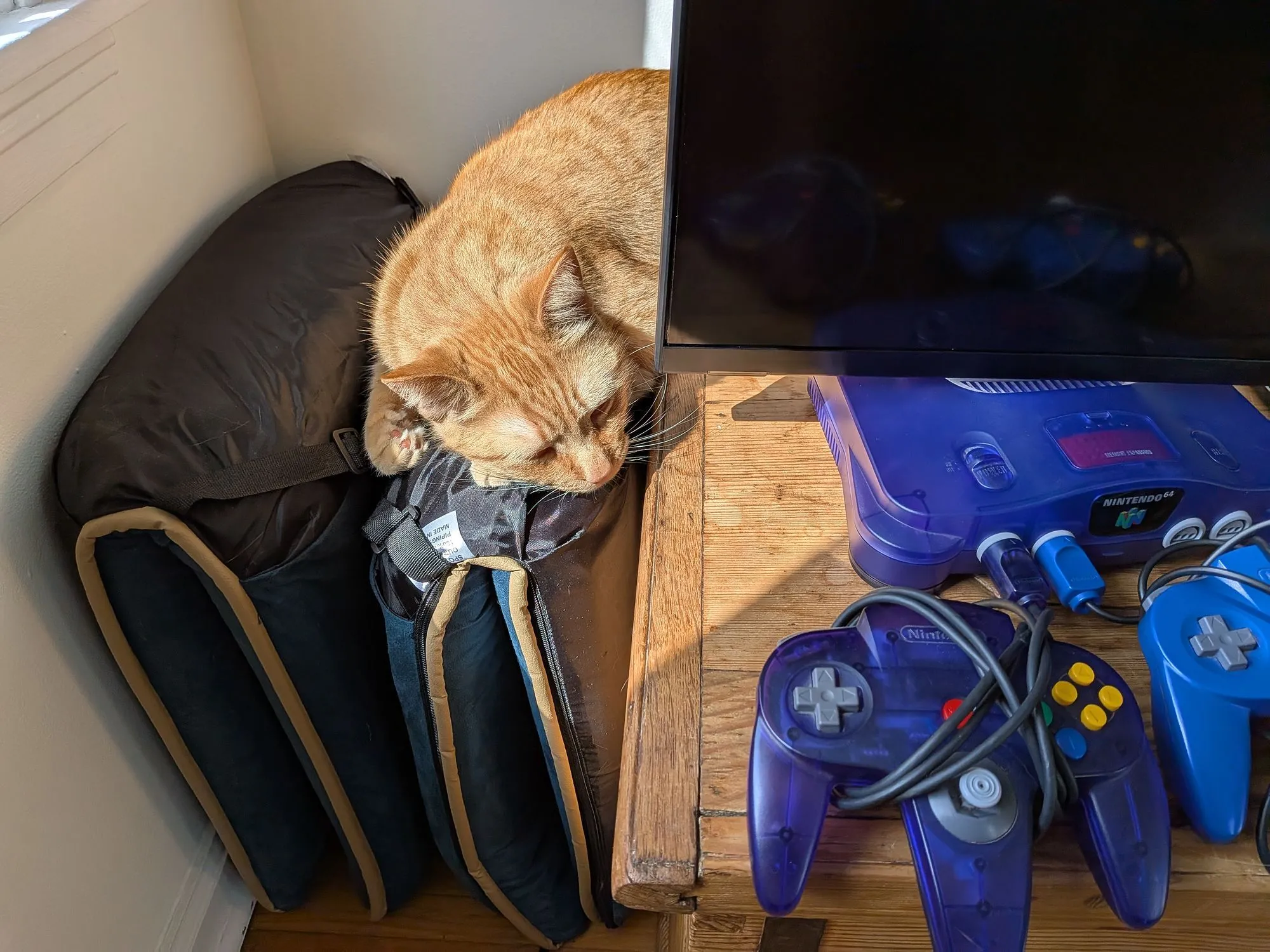 Một con mèo màu cam đang rình rập máy chơi game Nintendo 64, thể hiện màu sắc trong ảnh chụp Pixel 9a