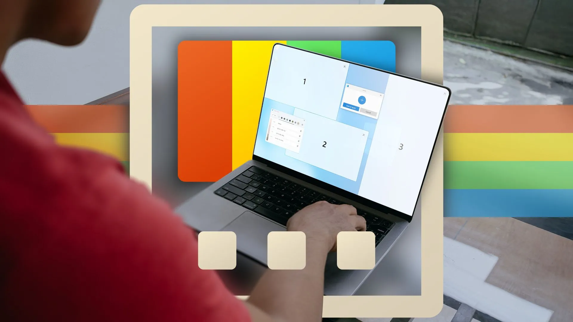 Một người dùng laptop với tính năng FancyZones của PowerToys được làm nổi bật.
