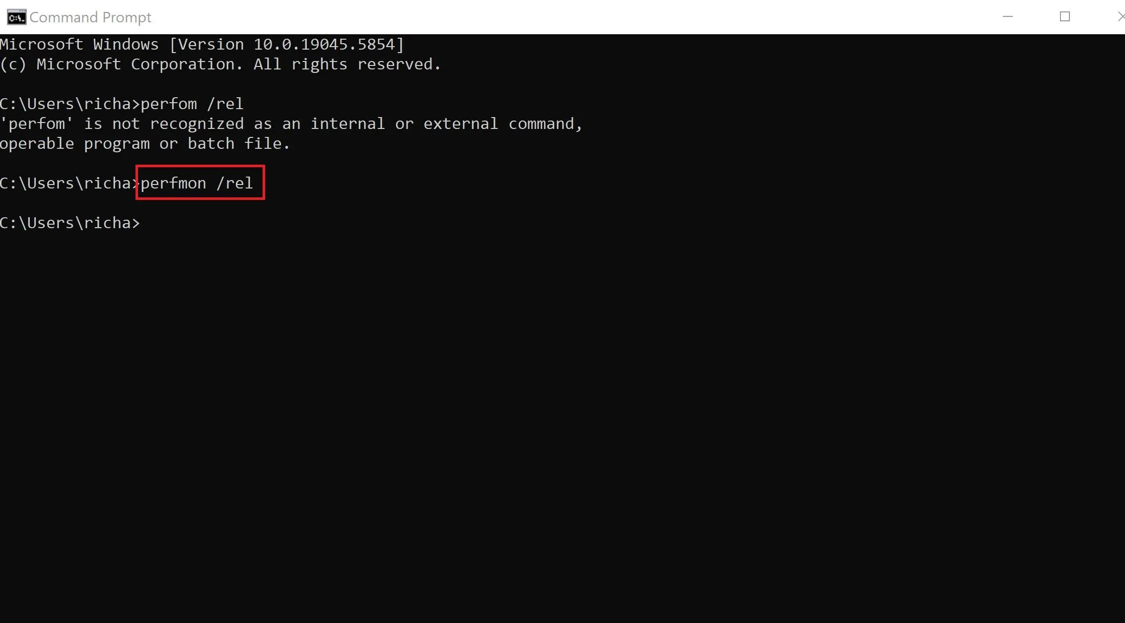 Sử dụng Command Prompt với lệnh &quot;perfmon /rel&quot; để mở Windows Reliability Monitor.