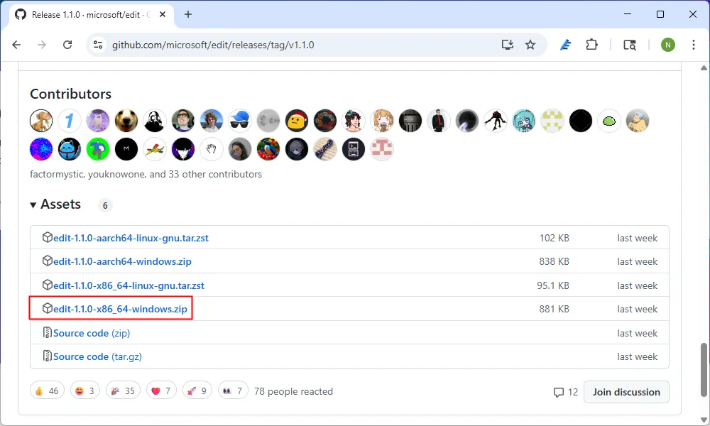 Tệp tin cài đặt Microsoft Edit định dạng ZIP trên trang GitHub chính thức