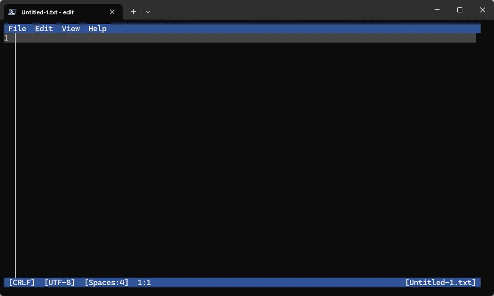 Thanh menu với các nút File, Edit, View và Help trong giao diện tối giản của Microsoft Edit