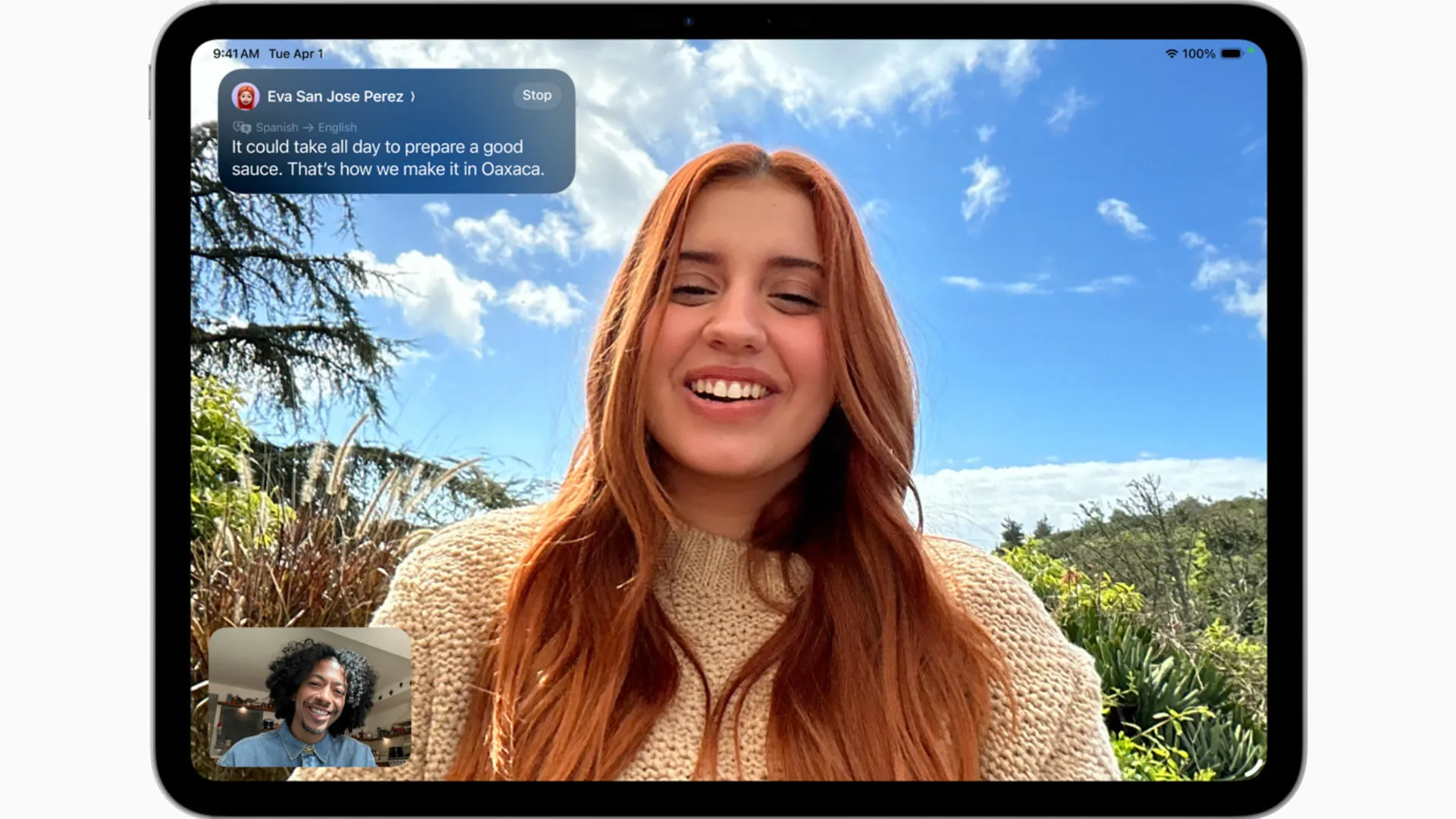 Tính năng Dịch thuật Trực tiếp (Live Translation) trong ứng dụng FaceTime trên iPadOS 26 hiển thị phụ đề đã dịch