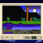 Trò chơi Jazz Jackrabbit chạy trên iDOS 3 với nền nghệ thuật pixel phong cách synthwave thập niên 80.