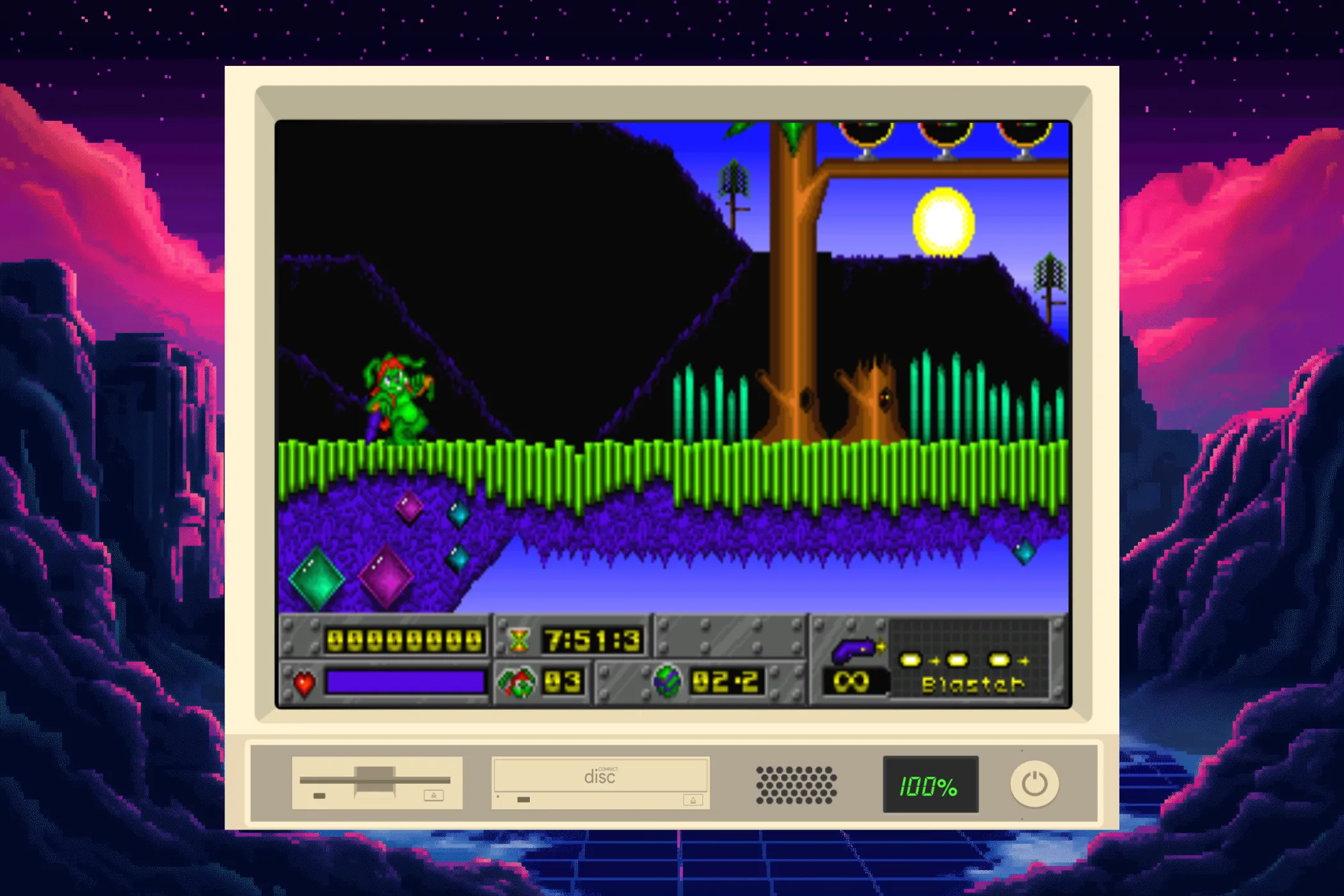 Trò chơi Jazz Jackrabbit chạy trên iDOS 3 với nền nghệ thuật pixel phong cách synthwave thập niên 80.