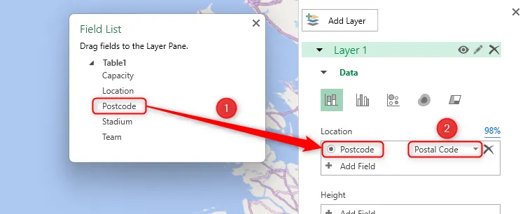 Trường Postcode trong Danh sách Trường trong Excel đang được kéo đến trường Location trong ngăn Layer và mã bưu chính được chọn trong menu thả xuống.