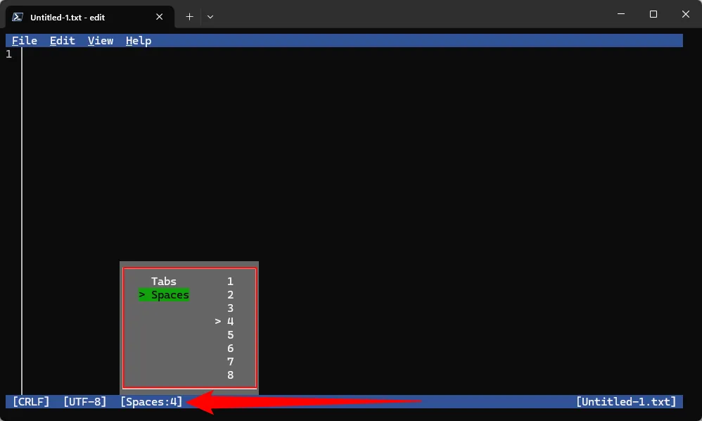 Tùy chọn cài đặt cho phép người dùng Microsoft Edit chọn giữa Tab và Space khi soạn thảo