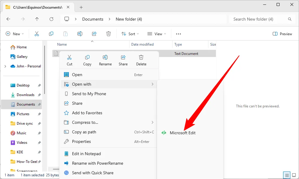 Tùy chọn Microsoft Edit hiển thị trong menu ngữ cảnh 'Open With' khi nhấp chuột phải vào tệp tin văn bản